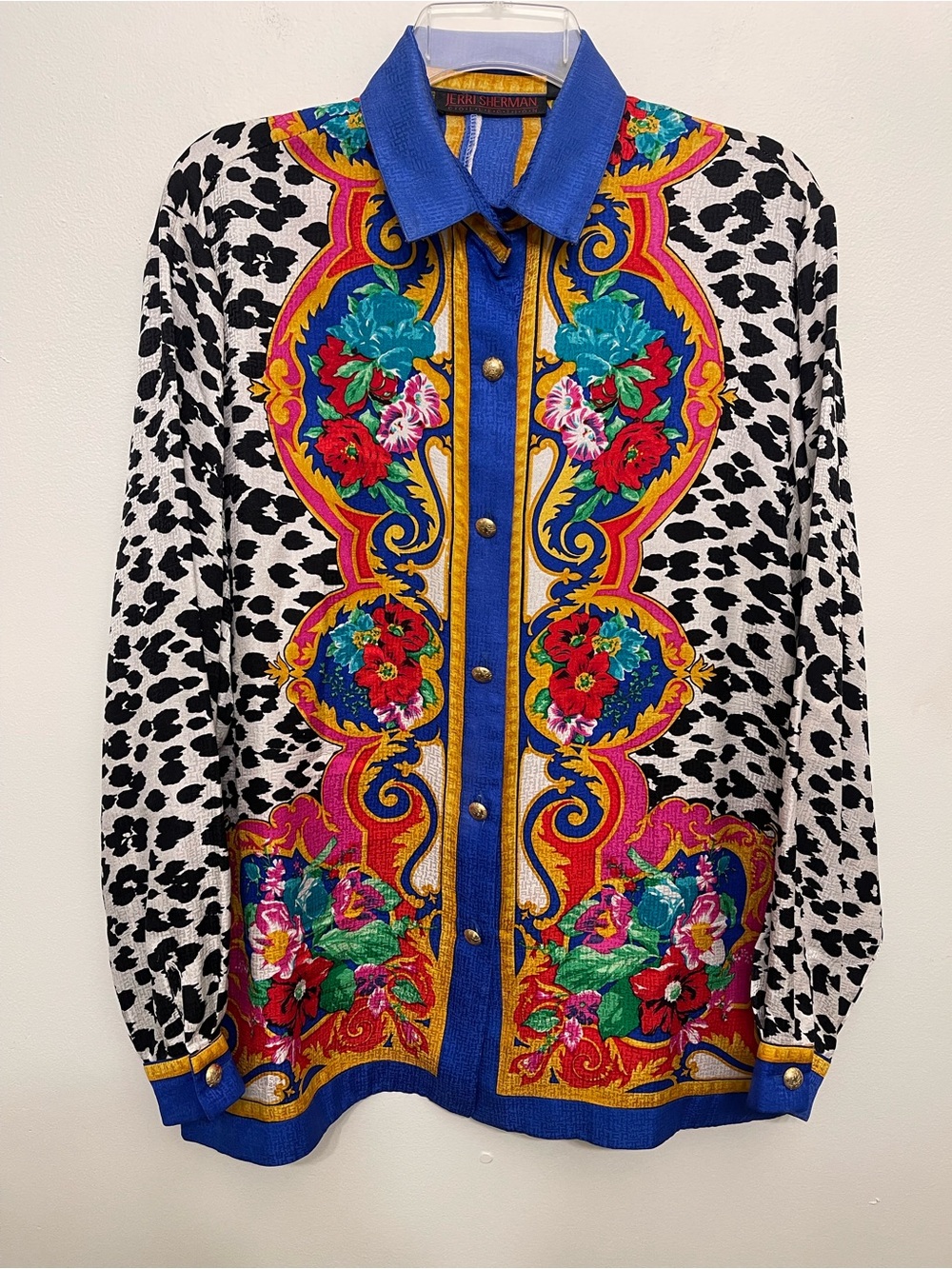 JERRI SHERMAN Silk Floral & Animal Print Button-Front Shirt Blue Multi Size 12